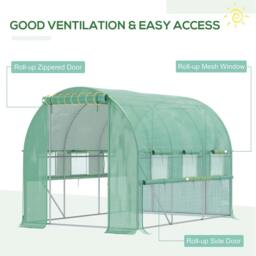 Rackhams Walk-in Polytunnel Greenhouse Green House with Roll-up Sidewalls, UV-resistant PE Cover, 3 x 2 x 2m, Green - thumbnail 3