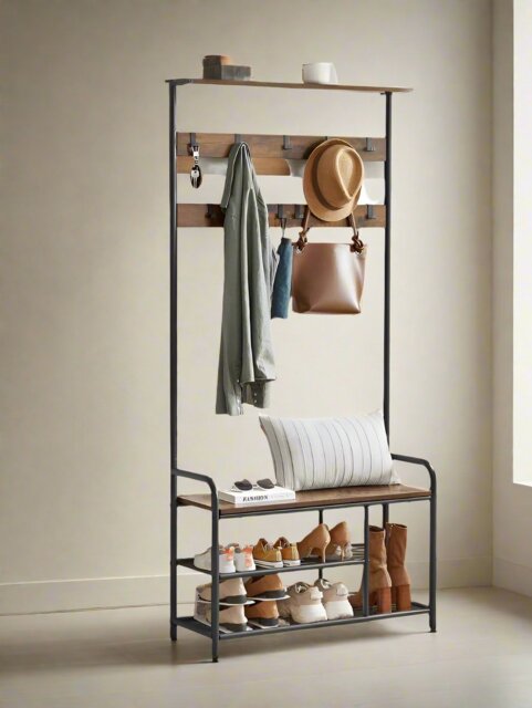 Rackhams Industrial Coat Tree with Shoe Storage Bench – 9 Hooks - image 1