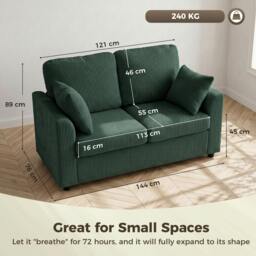 Rackhams 2 Seater Sofa, Corduroy Small Couch with Spring Cushion, Dark Green - thumbnail 3