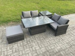 Rackhams 5 Pieces Garden Furniture Sets Poly Rattan Outdoor Patio Height Adjustable Rising Lifting Table Sofa Dining Set with Side Table Big Footstool - thumbnail 2