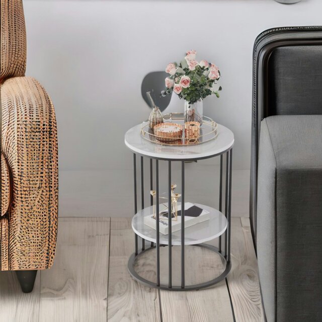 Rackhams 2 Tier Round Faux Marble Heavy Duty Side Table Black - image 1