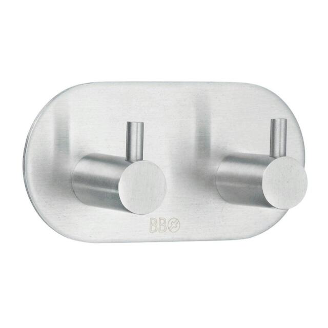 Rackhams Brushed Stainless Steel Double Towel Hook (96 x 48mm) Self Adhesive Bathroom Wall Mounted