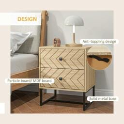 Rackhams Bedside Table Nightstand Two-Drawer Bedroom Storage Unit Zig Zag Design with Black Metal Handles, Natural - thumbnail 6