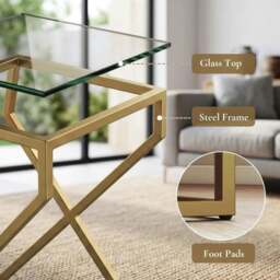Rackhams Nest of Tables, Side Table Set of 2 with Transparent Top, Coffee Table Set with Tempered Glass Top, Transparent - Transparent and Gold Tone - thumbnail 6