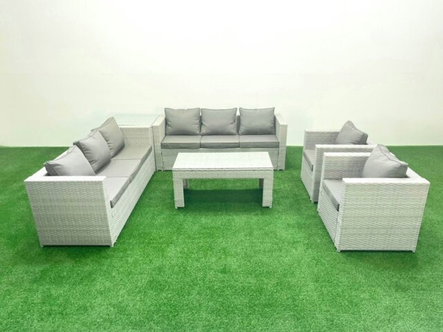 Rackhams Outdoor Garden Furniture Rattan Sofa Set with 2 Armchairs Oblong Coffee Table Side Table Light Grey Mixed - image 1