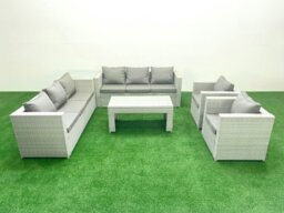 Rackhams Outdoor Garden Furniture Rattan Sofa Set with 2 Armchairs Oblong Coffee Table Side Table Light Grey Mixed - thumbnail 2