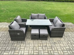 Rackhams Wicker PE Rattan Furniture Garden Dining Set Outdoor Height Adjustable Rising lifting Table Love Sofa Chairs With Footstools - thumbnail 1