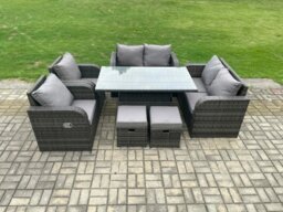 Rackhams Wicker PE Rattan Furniture Garden Dining Set Outdoor Height Adjustable Rising lifting Table Love Sofa Chairs With Footstools - thumbnail 2