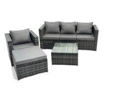 Rackhams Lounge Dark Mixed Grey Rattan Sofa Set With Tables Stool Outdoor Garden Furniture Patio 5 Seater