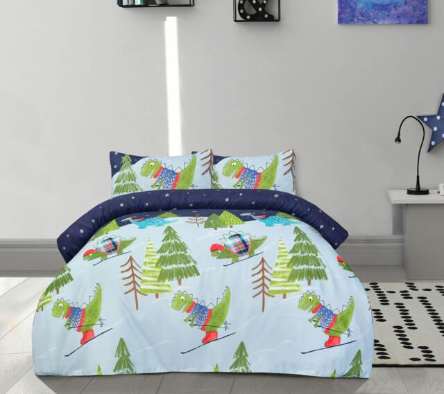 Rackhams Fun & Cosy Kids' Duvet Cover with Pillowcase & Fitted Sheet-Complete-Set - DINO SKIING - Double (200cm x 200cm) - image 1