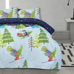 Rackhams Fun & Cosy Kids' Duvet Cover with Pillowcase & Fitted Sheet-Complete-Set - DINO SKIING - Double (200cm x 200cm) - thumbnail 3