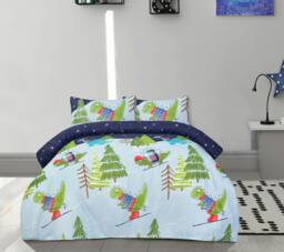 Rackhams Fun & Cosy Kids' Duvet Cover with Pillowcase & Fitted Sheet-Complete-Set - DINO SKIING - Double (200cm x 200cm) - thumbnail 1
