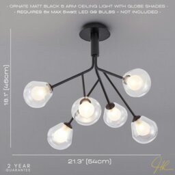 Rackhams Modern Designer Matte Black 6-Arm Ceiling Light with Opal and Clear Glass Shades - thumbnail 6