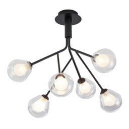 Rackhams Modern Designer Matte Black 6-Arm Ceiling Light with Opal and Clear Glass Shades - thumbnail 1