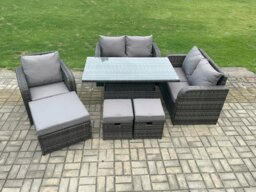 Rackhams Rattan Furniture Garden Dining Set Outdoor Height Adjustable Rising lifting Table Love Sofa Chair With 3 Footstools - thumbnail 2