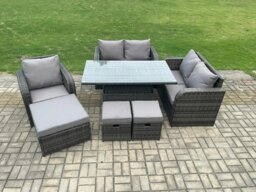 Rackhams Rattan Furniture Garden Dining Set Outdoor Height Adjustable Rising lifting Table Love Sofa Chair With 3 Footstools - thumbnail 1