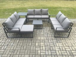 Rackhams Aluminium 10 Seater Outdoor Garden Furniture Set Patio Lounge Sofa with Square Coffee Table Side Table Big Footstool Conservatory Set Dark Grey - thumbnail 2