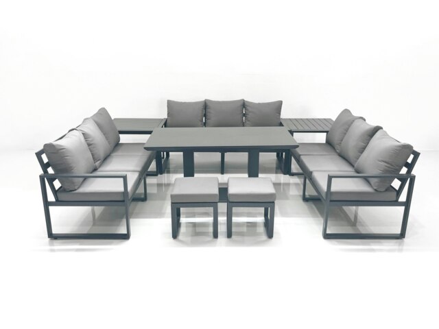 Rackhams 11 Seater Garden Sofa Set Aluminium Furniture Rising Dining Tabe Set with 2 Side Tables 2 Small Footstools Dark Grey - image 1