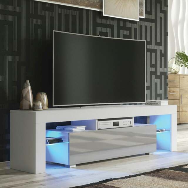 Rackhams Chic 160cm TV Unit – Modern TV Stand Cabinet with Grey High Gloss Door and Free LED - 160 cm - 1 -  MDF/Chipboard - image 1