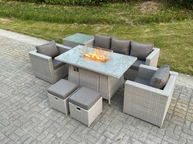 Rackhams Rattan Garden Furniture Set Gas Fire Pit Lounge Sofa Chair Dining Set With Side Table And 2 PC Arm Chair Stools - image 1
