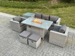 Rackhams Rattan Garden Furniture Set Gas Fire Pit Lounge Sofa Chair Dining Set With Side Table And 2 PC Arm Chair Stools - thumbnail 2