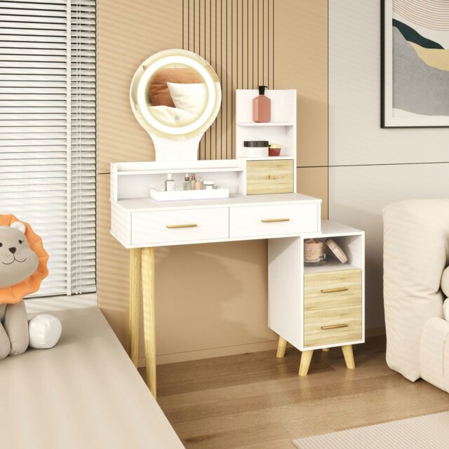 Rackhams Dressing Table with Mirror, Vanity Table with LED Lights, White - White - 100W x 44D x 137Hcm - image 1