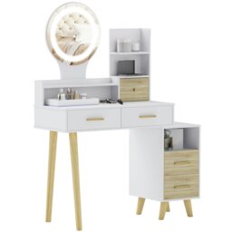 Rackhams Dressing Table with Mirror, Vanity Table with LED Lights, White - White - 100W x 44D x 137Hcm - thumbnail 2