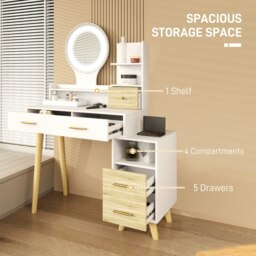 Rackhams Dressing Table with Mirror, Vanity Table with LED Lights, White - White - 100W x 44D x 137Hcm - thumbnail 5