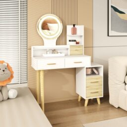 Rackhams Dressing Table with Mirror, Vanity Table with LED Lights, White - White - 100W x 44D x 137Hcm - thumbnail 1