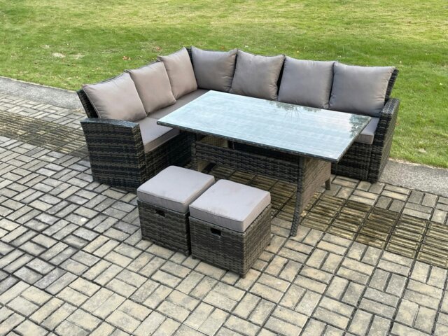 Rackhams 8 Seater Garden Rattan Furniture Corner Dining Set with 2 Small Footstools Indoor Outdoor Lounge Sofa Set - image 1