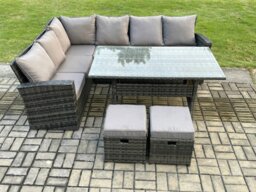 Rackhams 8 Seater Garden Rattan Furniture Corner Dining Set with 2 Small Footstools Indoor Outdoor Lounge Sofa Set - thumbnail 2