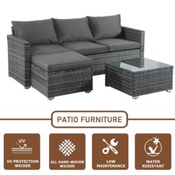 Rackhams Outdoor Rattan Corner Sofa, 3 Piece Garden Lounge Set with Glass Table, Soft Cushion L-Shaped All-weather Patio Corner Sofa Couch - Gray - Gray - thumbnail 3