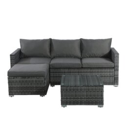 Rackhams Outdoor Rattan Corner Sofa, 3 Piece Garden Lounge Set with Glass Table, Soft Cushion L-Shaped All-weather Patio Corner Sofa Couch - Gray - Gray - thumbnail 2