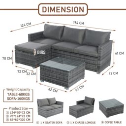 Rackhams Outdoor Rattan Corner Sofa, 3 Piece Garden Lounge Set with Glass Table, Soft Cushion L-Shaped All-weather Patio Corner Sofa Couch - Gray - Gray - thumbnail 6