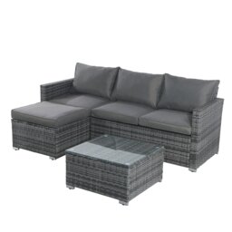 Rackhams Outdoor Rattan Corner Sofa, 3 Piece Garden Lounge Set with Glass Table, Soft Cushion L-Shaped All-weather Patio Corner Sofa Couch - Gray - Gray