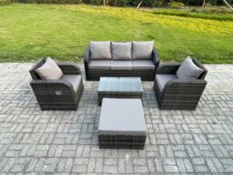 Rackhams Outdoor Rattan Garden Furniture Set Patio Lounge Sofa Set with Reclining Chair Rectangular Coffee Table Big Footstool Dark Grey Mixed - thumbnail 1
