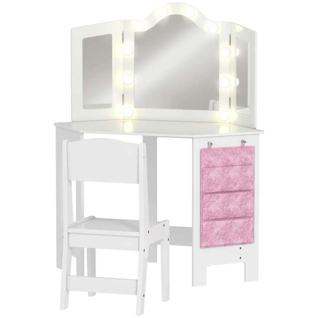 Rackhams Kids Dressing Table and Stool Set, Girls Vanity Table with 2-Colour LED Lights, Tri-Folding Mirror, White