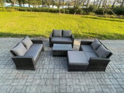 Rackhams Dark Grey 7 Seater Outdoor Rattan Garden Furniture Set Patio Love Sofa Rectangular Coffee Table Set with Big Footstool - thumbnail 1