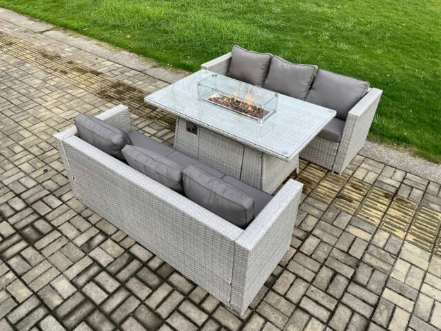 Rackhams Rattan Outdoor Garden Furniture Set with Gas Fire Pit Dining Table & 2 Sofas - 6 Seater - Light Grey - image 1