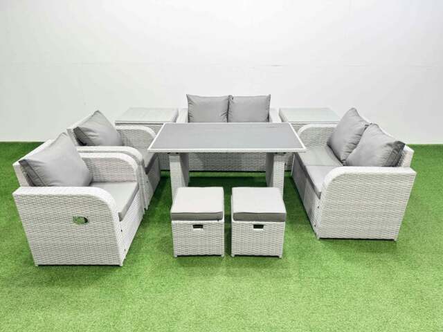 Rackhams 9 Pieces Outdoor PE Rattan Sofa Reclining Chair Set Patio Garden Furniture Sets with Cushions 2 Side Tables 2 Small Stools Light Grey - image 1