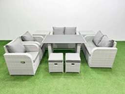 Rackhams 9 Pieces Outdoor PE Rattan Sofa Reclining Chair Set Patio Garden Furniture Sets with Cushions 2 Side Tables 2 Small Stools Light Grey - thumbnail 1