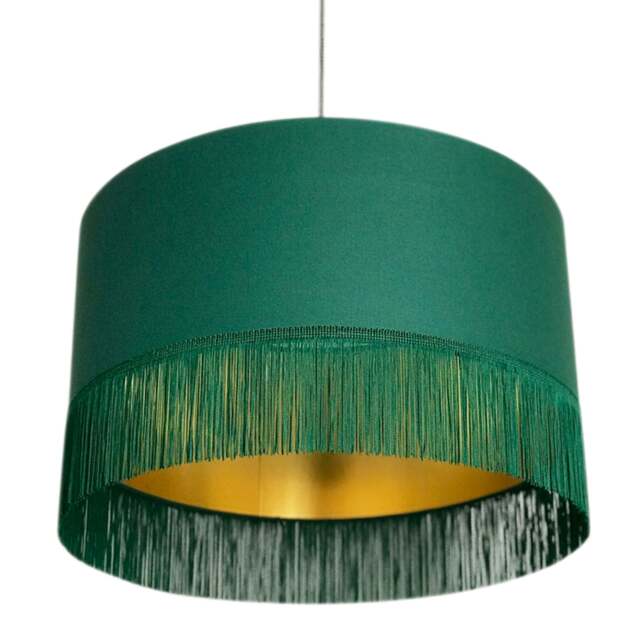 "Rackhams Hunter Green Lampshade with Gold Lining & Green Fringing - Ceiling Pendant / Arc Lamp - 25cm Diameter x 25cm Height / (10"" x 10"")" - image 1
