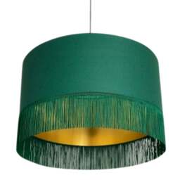 "Rackhams Hunter Green Lampshade with Gold Lining & Green Fringing - Ceiling Pendant / Arc Lamp - 25cm Diameter x 25cm Height / (10"" x 10"")" - thumbnail 1