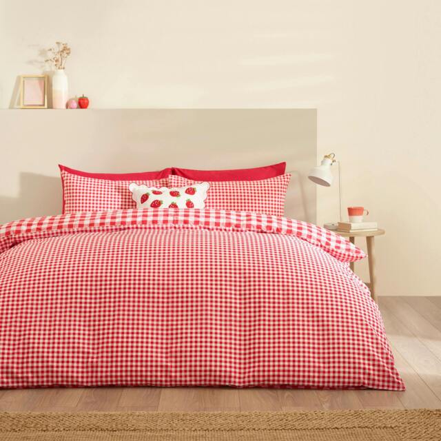 Rackhams Bamford Gingham Check Reversible Duvet Cover Set Red - Super King - Red - image 1