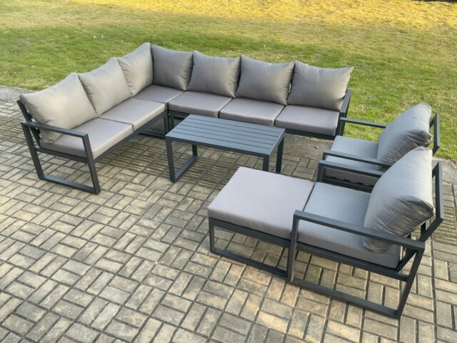 Rackhams Aluminium Garden Furniture Set Outdoor Indoor Lounge Corner Sofa 2 Pcs Chair Oblong Coffee Table Sets with Big Footstool Dark Grey