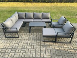 Rackhams Aluminium Garden Furniture Set Outdoor Indoor Lounge Corner Sofa 2 Pcs Chair Oblong Coffee Table Sets with Big Footstool Dark Grey - thumbnail 2