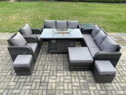 Rackhams Rattan Outdoor Garden Furniture Set with Gas Fire Pit Dining Table, Side Table, 2 Chairs, 2 Sofas, 3 Footstools - 11 Seater - Dark Grey - thumbnail 1