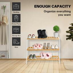 Rackhams Bamboo 3 Tier Shoe Rack Easy Assembly Storage Shelf Organiser Wooden Shoe Rack - Shoe Rack - White, Brown - Bamboo - thumbnail 6
