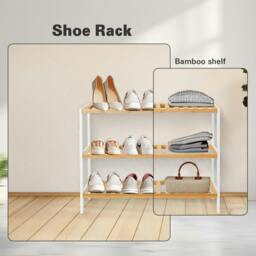 Rackhams Bamboo 3 Tier Shoe Rack Easy Assembly Storage Shelf Organiser Wooden Shoe Rack - Shoe Rack - White, Brown - Bamboo - thumbnail 3