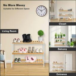 Rackhams Bamboo 3 Tier Shoe Rack Easy Assembly Storage Shelf Organiser Wooden Shoe Rack - Shoe Rack - White, Brown - Bamboo - thumbnail 5